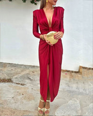 Fashionable Solid Color V-neck Long-sleeved Slit Dress