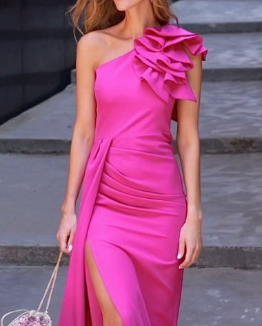 One Shoulder Pleated Solid Slit Dress