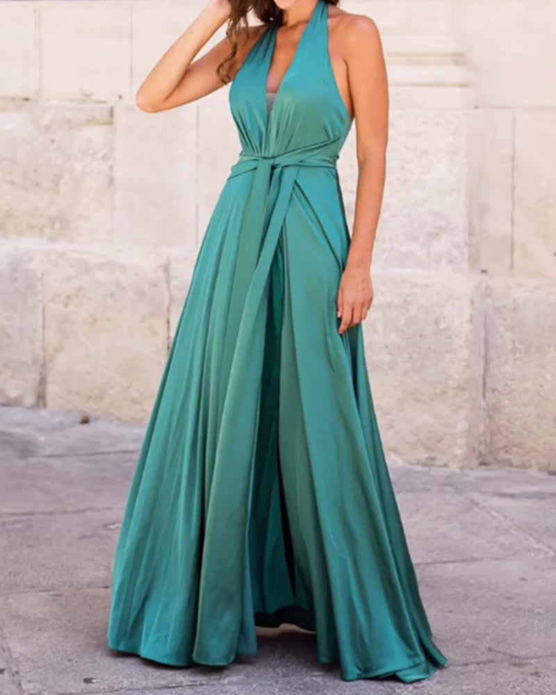 Halter V-Neck Sleeveless Slit Solid Color Dress