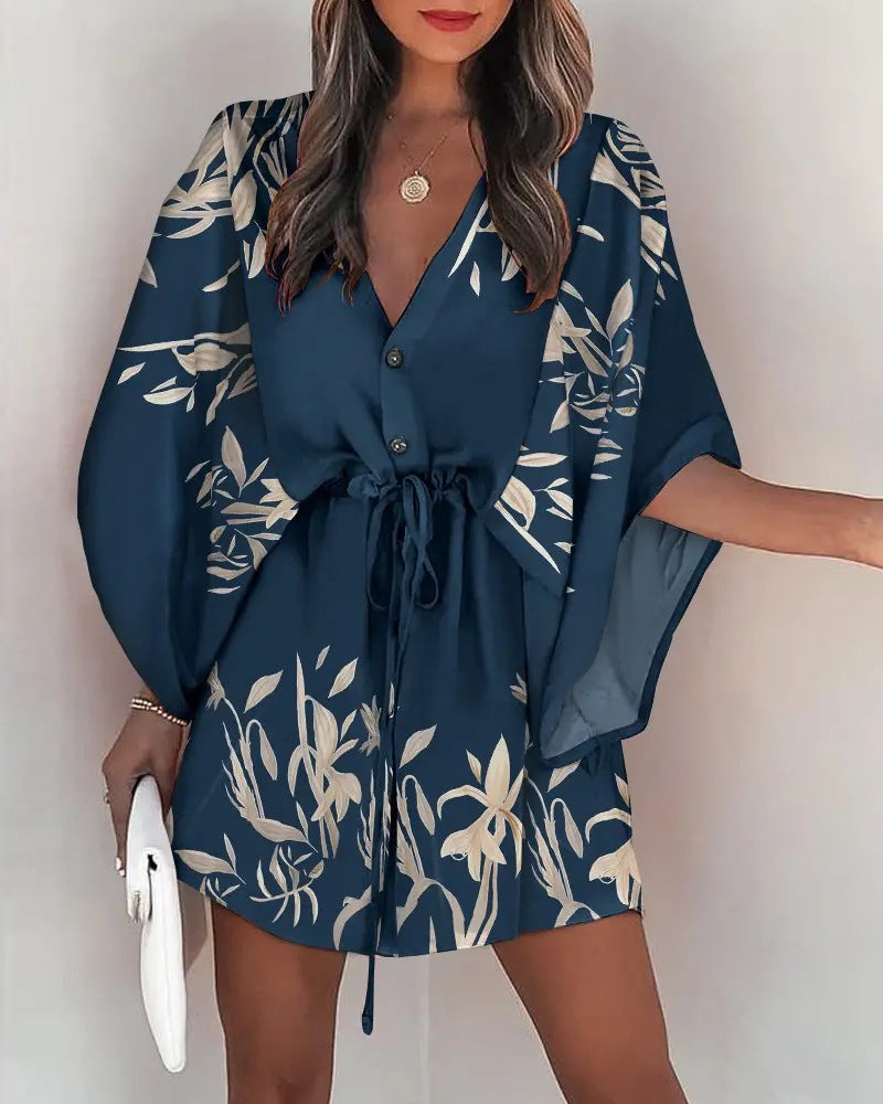 Casual V-Neck Open Waist Printed Mini Dress