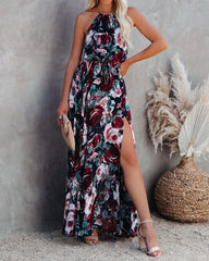 Fashion Chiffon Flower Halter Neck Dress