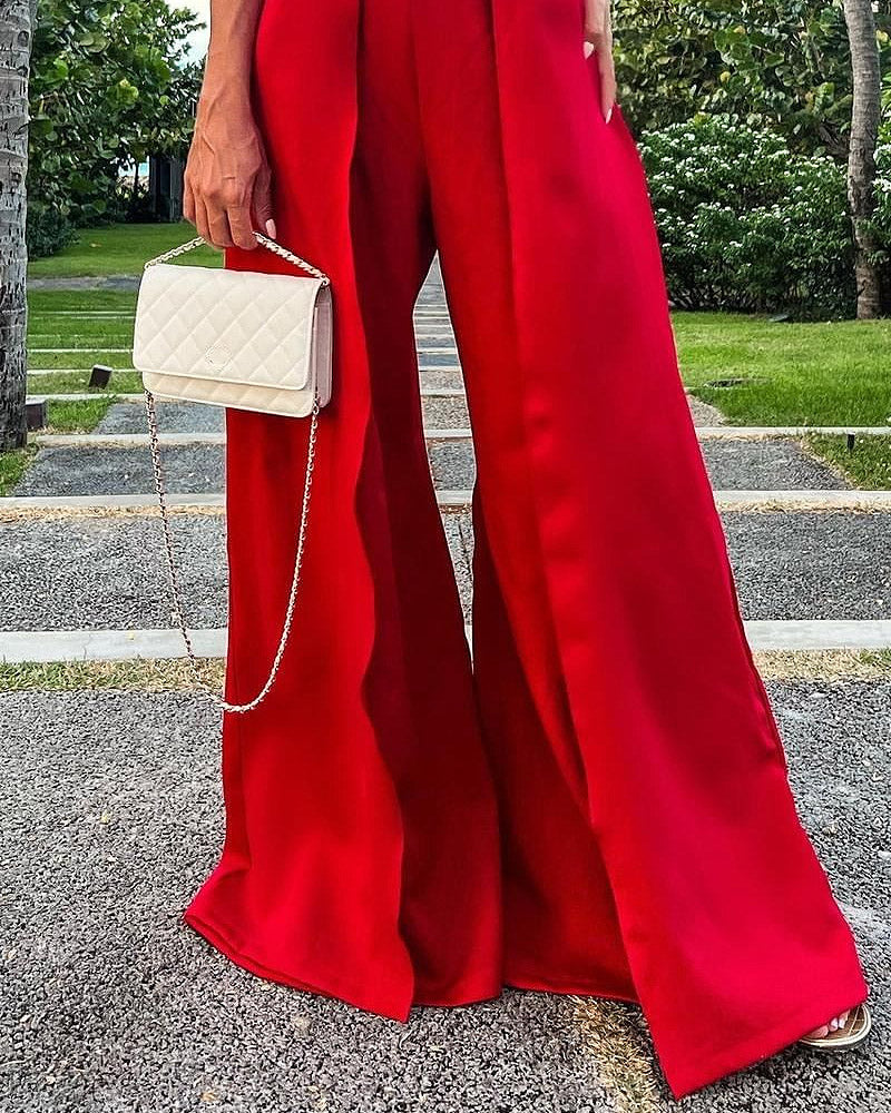 Solid Color Cross Halter Casual Fashion Wide Leg Jumpsuit