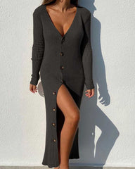 Knit Button Long Sleeve Cardigan Dress