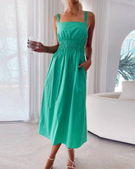 Solid color halter length dress with pleated straps