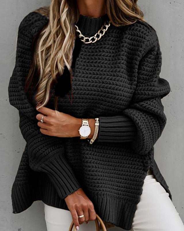 Loose solid color long-sleeved chunky side slit knitted sweater