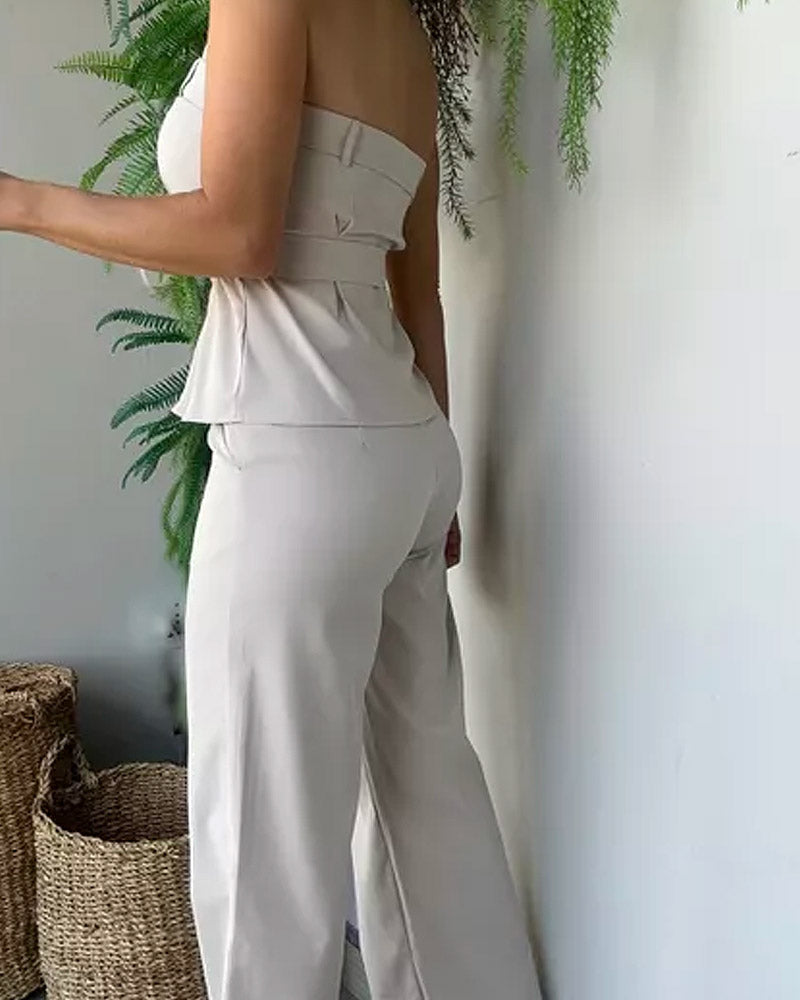 Solid Color Tube Top & High-waisted Wide-leg Pants Two-piece Set