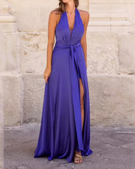 Halter V-Neck Sleeveless Slit Solid Color Dress