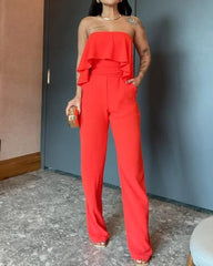 Solid Color Tube Top Lace Slim Fit Jumpsuit