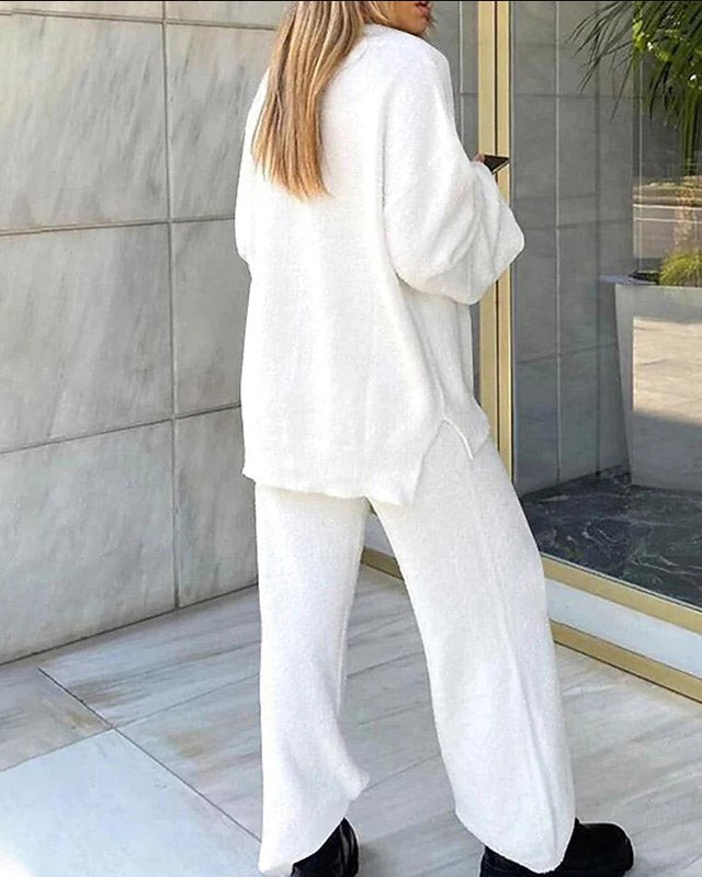 Comfortable solid color V-neck casual warm two-piece suit