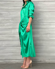 Lapel Tie Satin Long Sleeve Dress