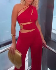 One shoulder solid color hollow jumpsuit