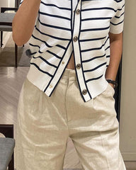 Solid Color Striped Buttoned Casual Knitted Jacket