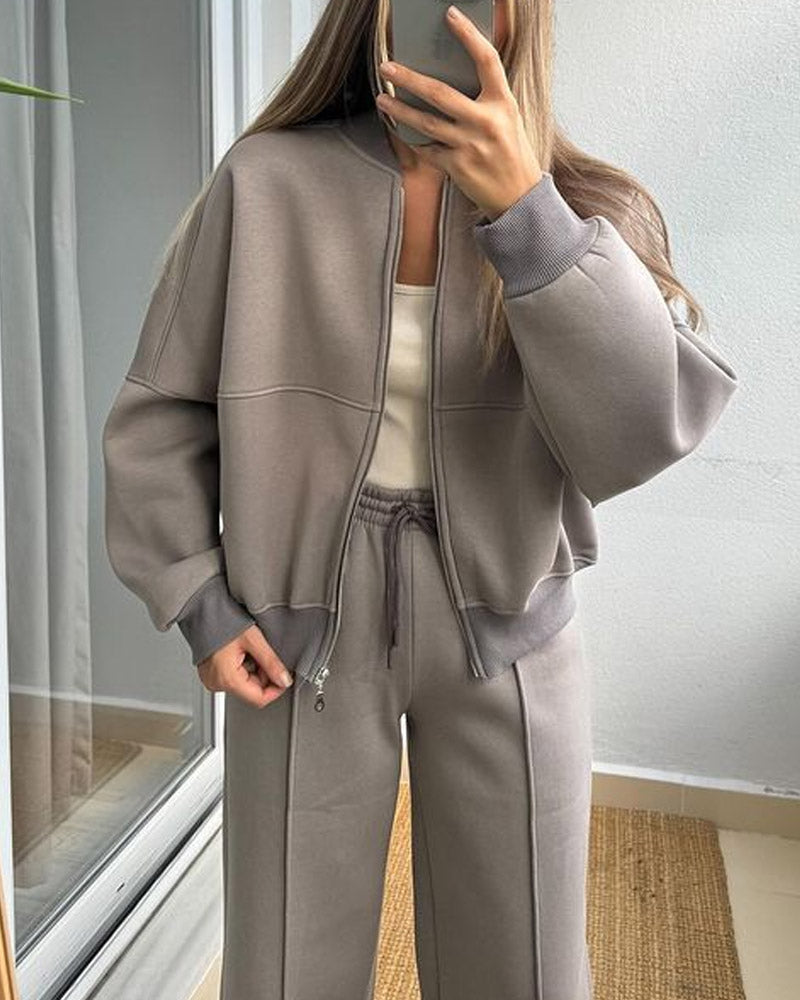 Solid Color Zipper Sweatshirt and Sweatpants Casual Two-piece Set