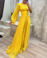 one shoulder long sleeve slit dress