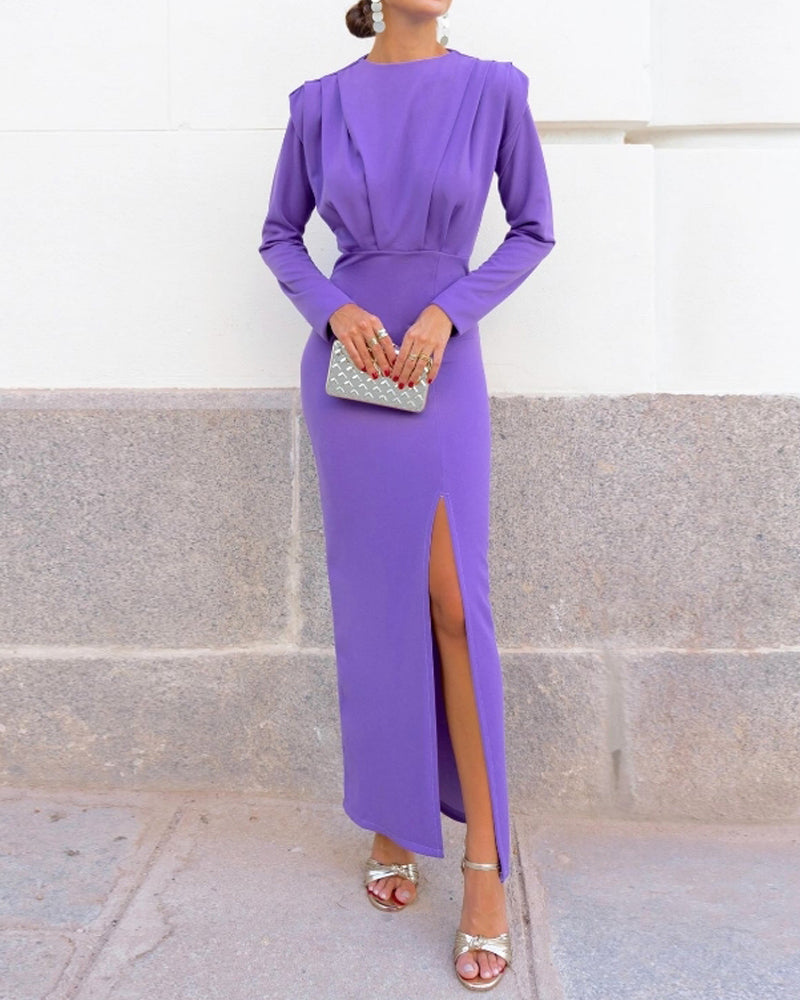 Elegant long sleeve slit solid color dress