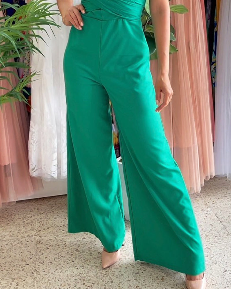 Casual Solid Color V-neck Jumpsuit