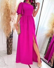 Solid Color Ruffled Sloping Shoulder Hem Slit Dress