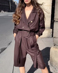 Lapel solid color two piece set