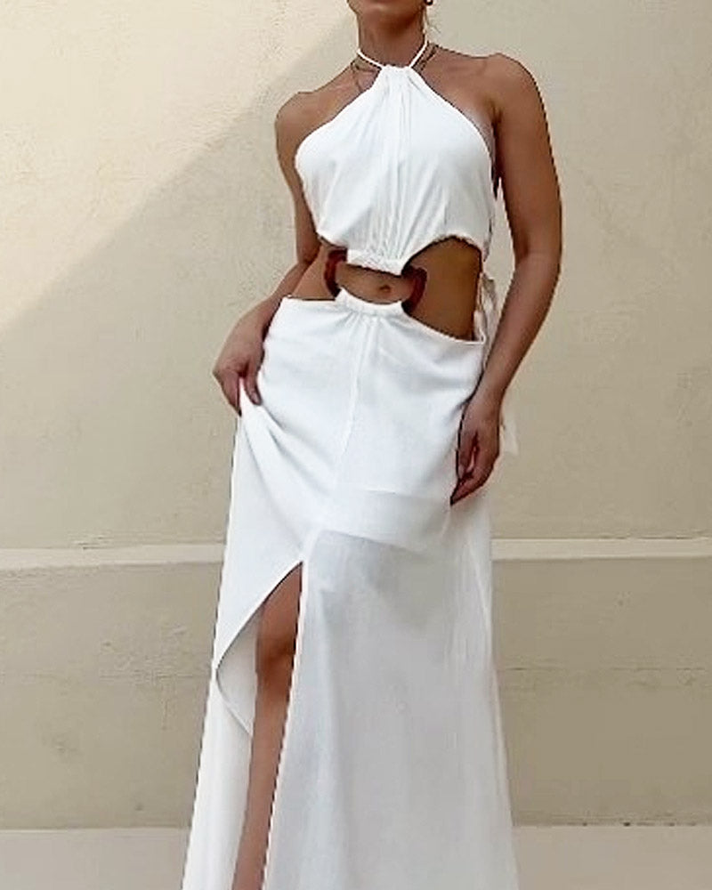 Solid Color Halter Neck Hollow Slit Dress