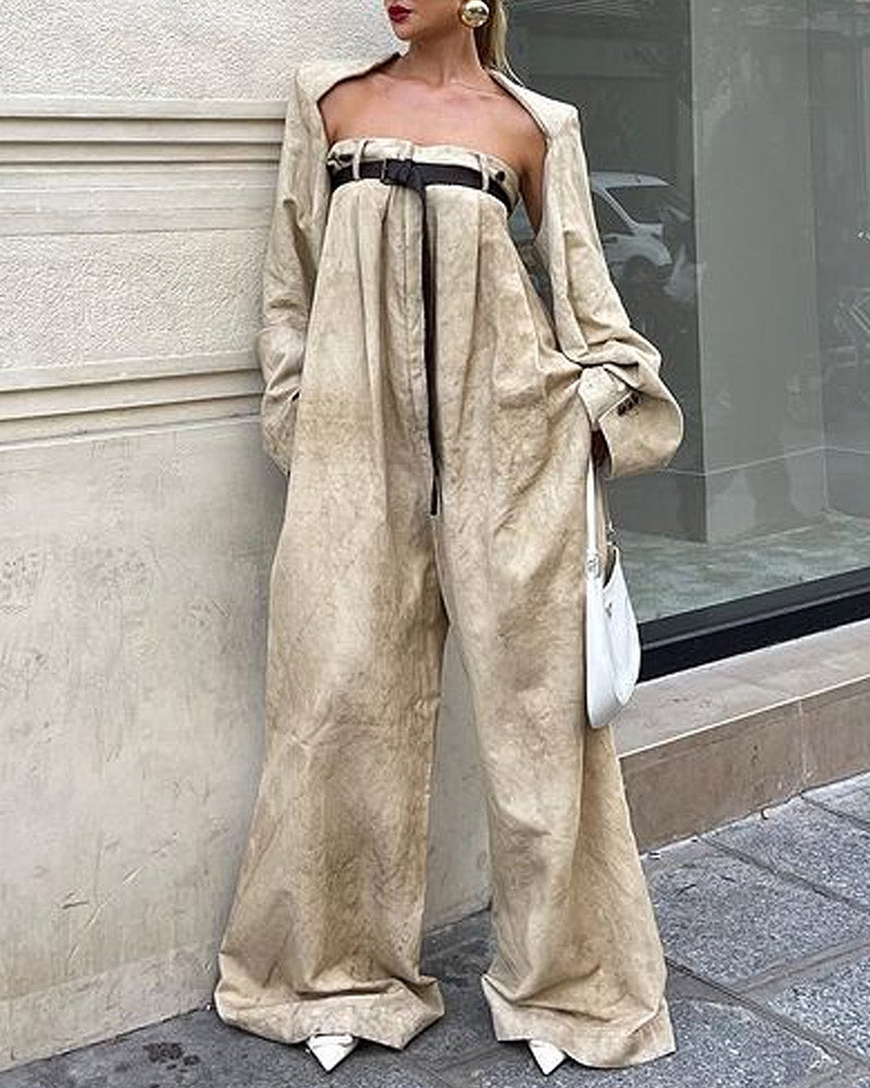 Solid Color Tube Top Wide Leg Jumpsuit & Waistcoat Outer Two Piece Set