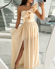 Sleeveless Ruffle Hem Slit Dress