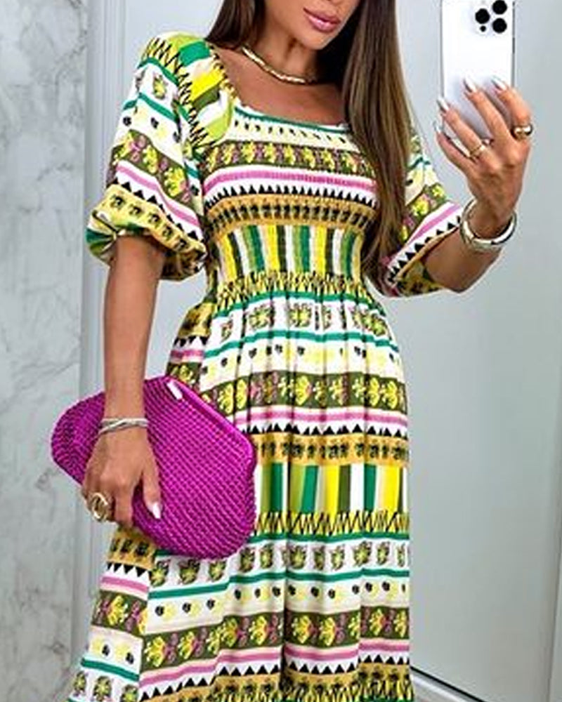 Casual Square Neck Short Sleeve Printed Dress