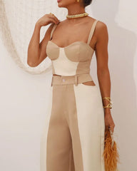 Colorblock Suspenders & High-waisted Hollow Wide-leg Pants Two-piece Set