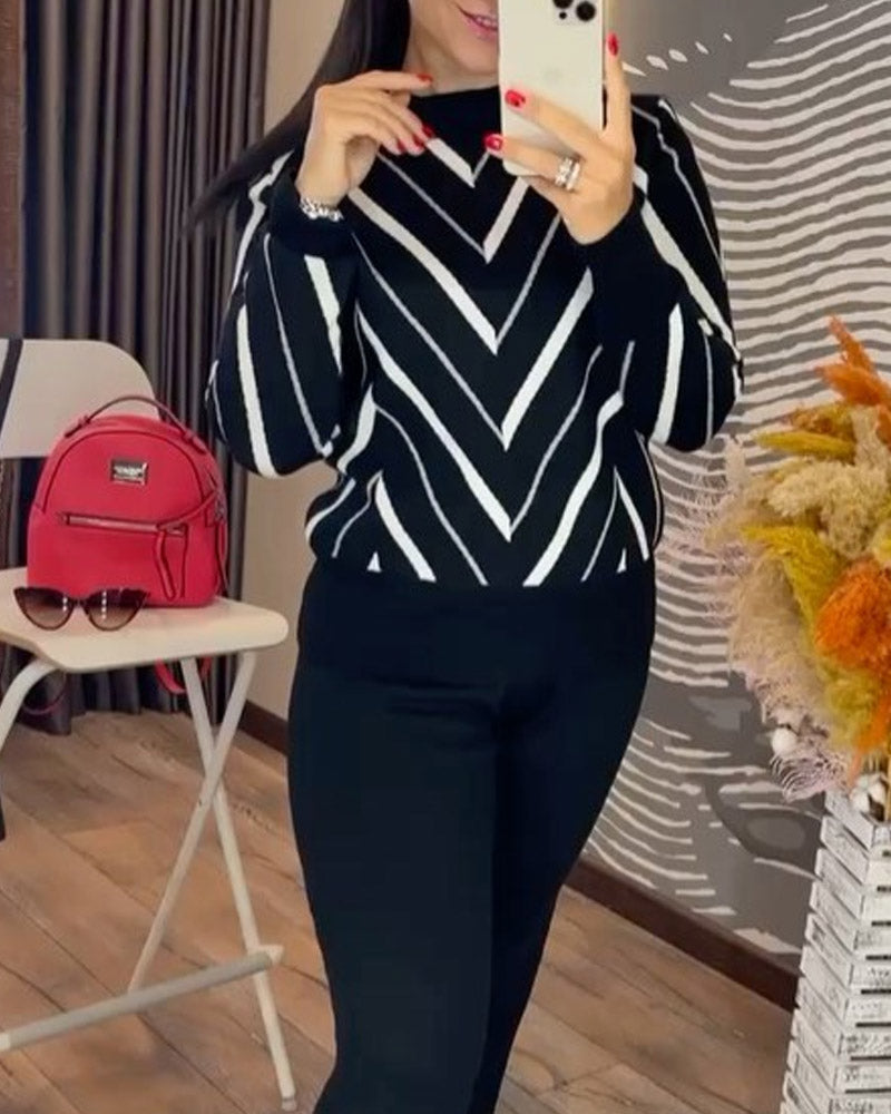 Solid Color V-neck Striped Knitted Sweater