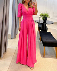 Fashion Puff Sleeve Waist Jumpsuit