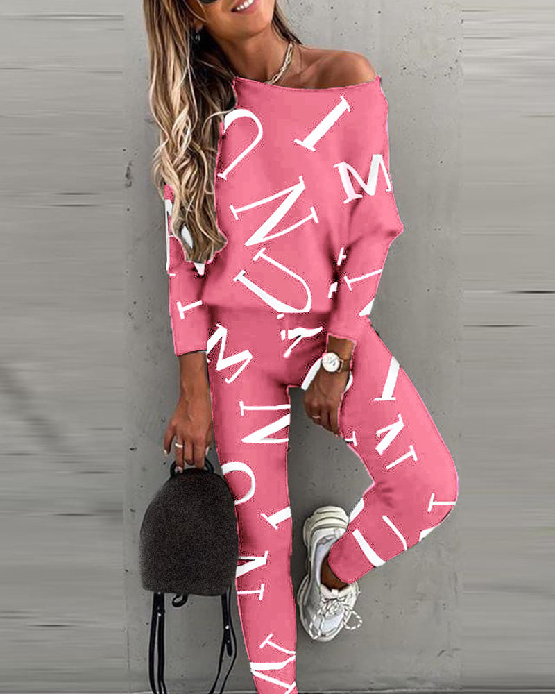 Casual Letter Print Long Sleeve Top & Pants Two-Piece Set