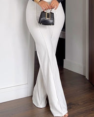 Solid Color Hollow Top & High-waisted Wide-leg Pants Two-piece Set