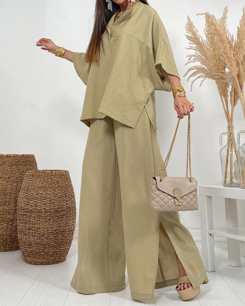 V-Neck Long Sleeve Top & Loose Pants Two-Piece Set