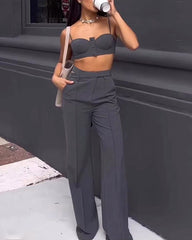 Solid Color Suspenders & High-waisted Wide-leg Pants Two-piece Set