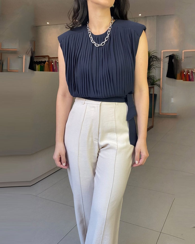 Solid Color Pleated Waistcoat Top & Wide-leg Pants Two-piece Set