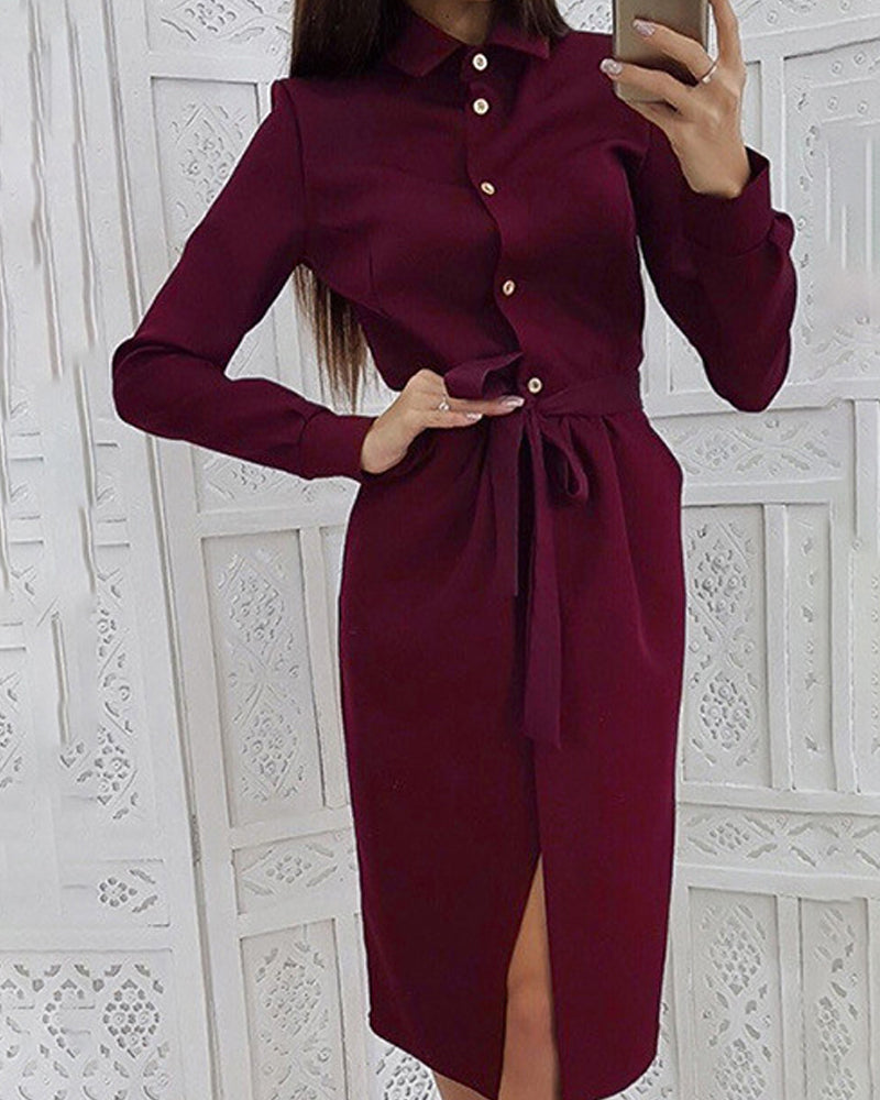 Solid Lapel Single Breasted Belted Dress