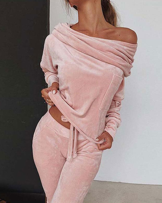 Solid color fashion women's casual one-shoulder two-piece suit