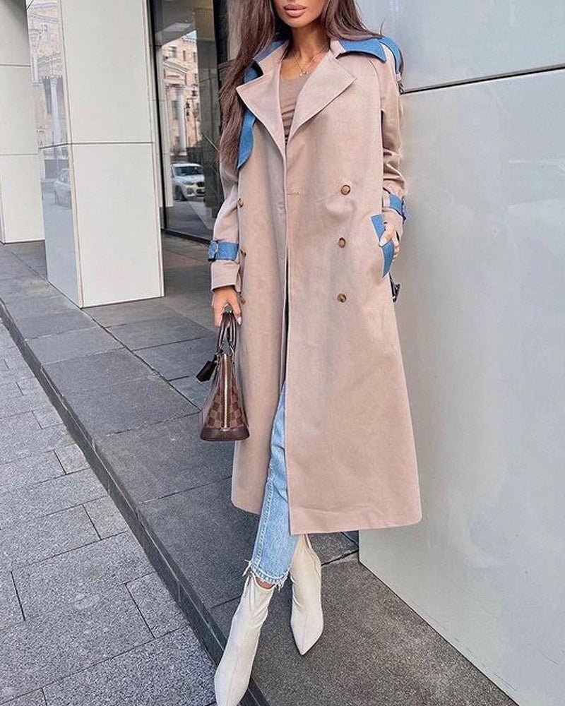 Solid Color Slim Fit Waisted Color Block Fashionable Coat