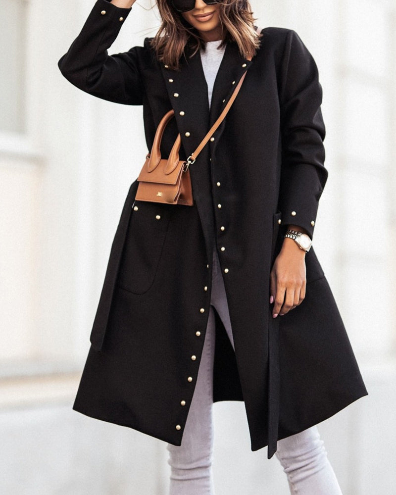 Double-breasted Studded Long-sleeve Lapel Coat