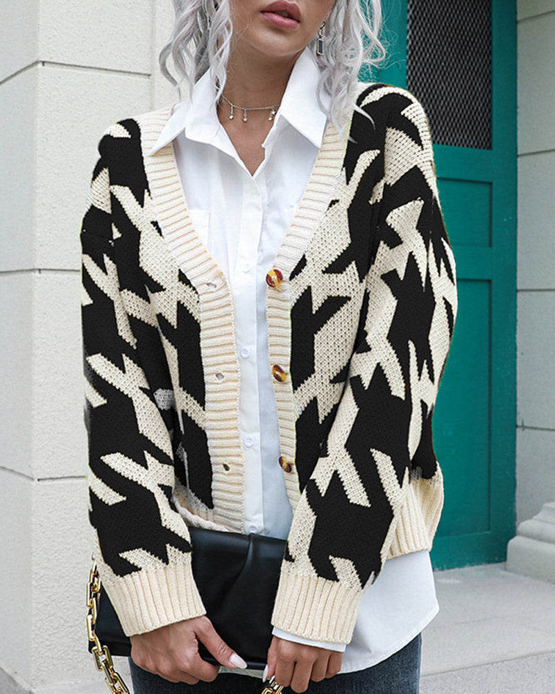 Houndstooth Button Oversized Knit Cardigan Sweater