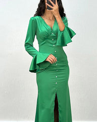 Solid Color V-neck Bell Sleeve Fishtail Dress