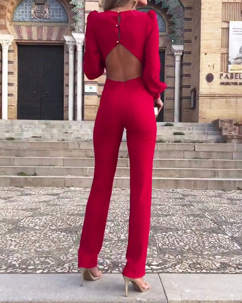 Round Neck Long Sleeve Solid Color Jumpsuit