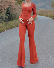 Square Neck Ribbed Long Sleeve Pleated Flared Jumpsuit