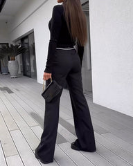 Solid Color Turtleneck Top & High-waisted Wide-leg Pants Two-piece Set