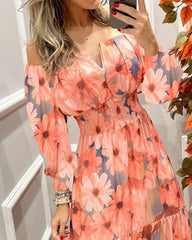 Elegant One-shoulder Printed Long-sleeve Dress