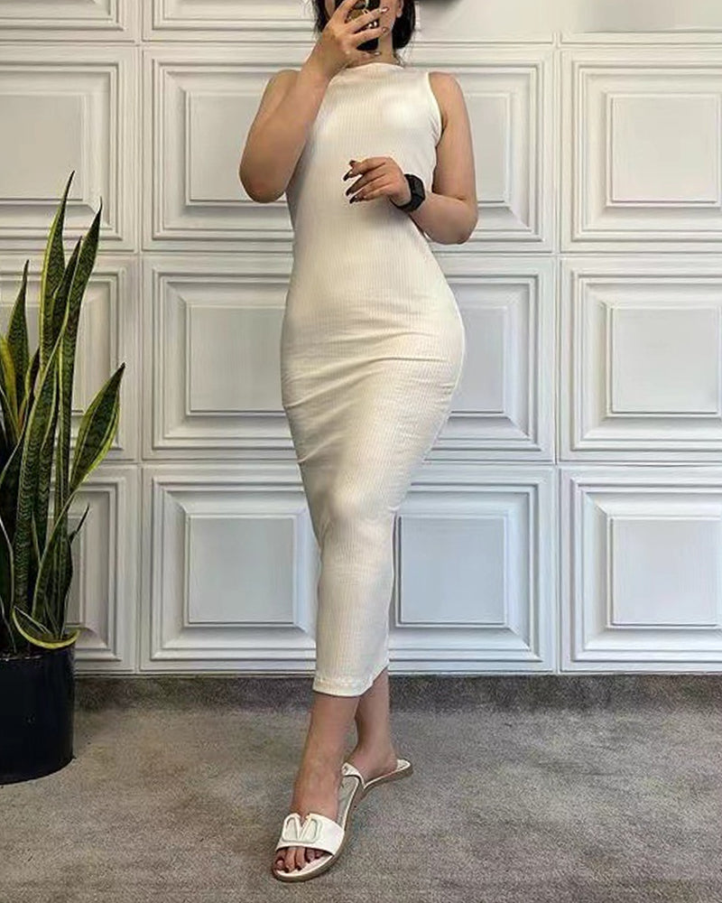 Casual Round Neck Sleeveless Wool Slit Maxi Dress