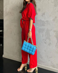 Short-sleeved loose top cotton linen wide-leg pants two-piece suit