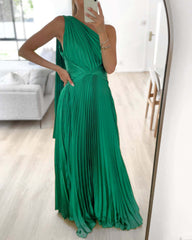 One-shoulder pleated satin dress