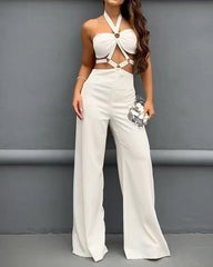 Solid Color Cross Halter Neck Hollow Slim Fit Jumpsuit