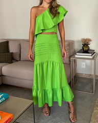 Casual Solid Color One-shoulder Top & Skirt Two-piece Set