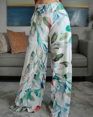 Puff Sleeve Solid Color Top Print Trousers Two-Piece Set